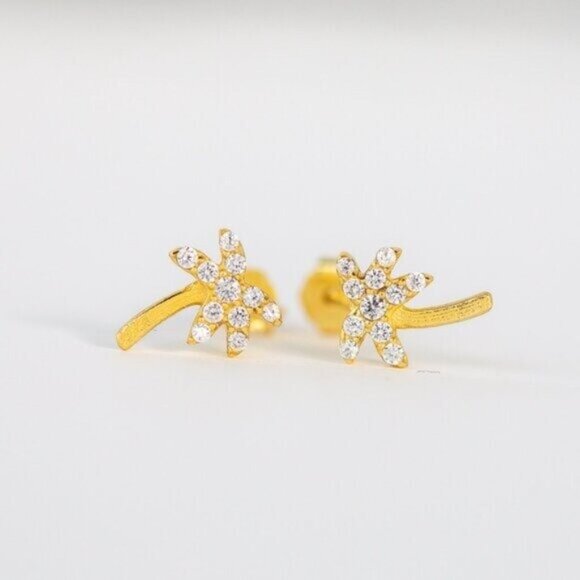 Dainty Palm Stud Earrings 14K Gold Sterling Silver Cubic Zirconia Hypoallergenic - Picture 1 of 11